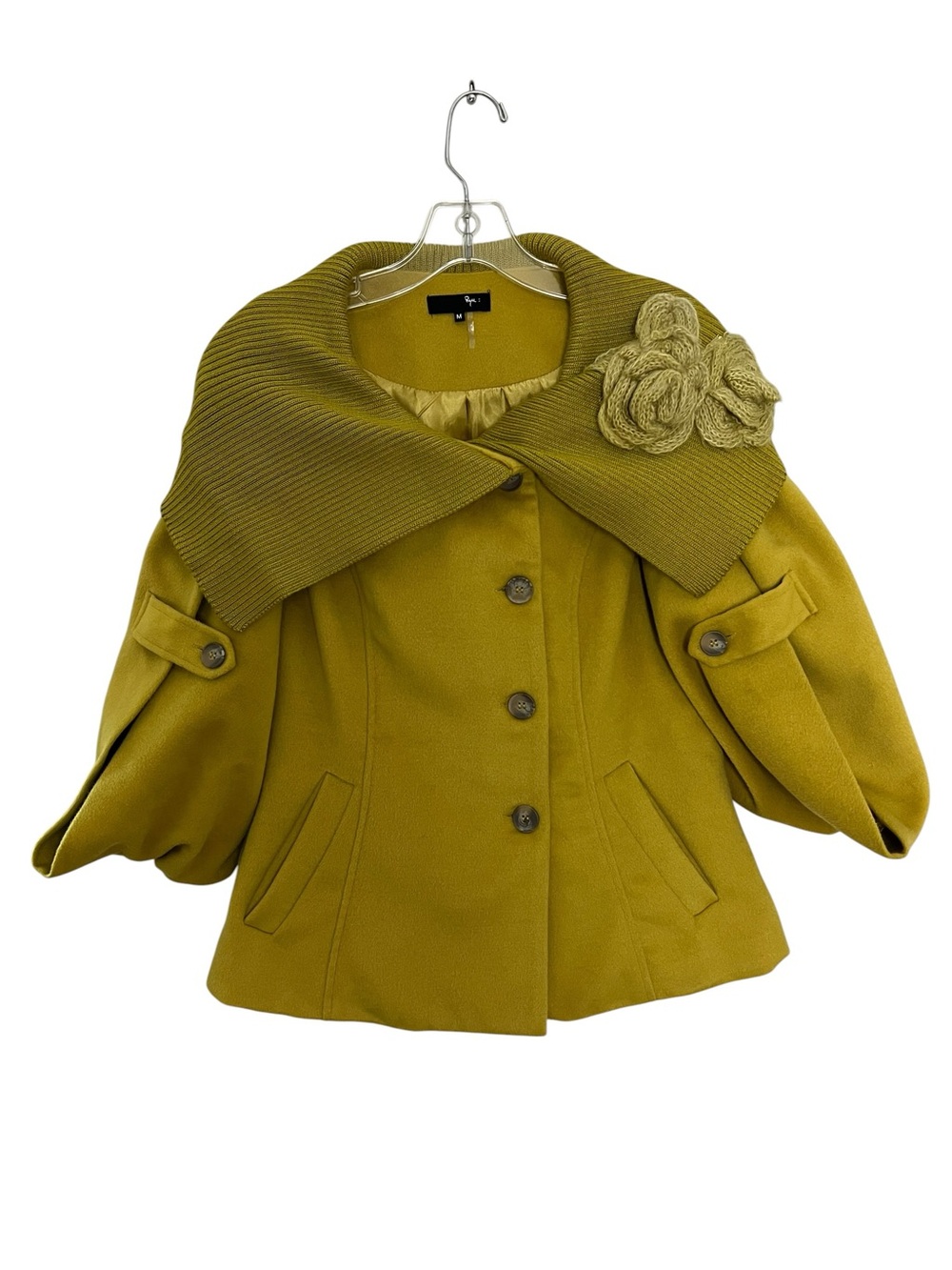 RYU Anthropologie Jacket Crochet Rosette Balloon Sleeve Shawl Collar Chartreuse